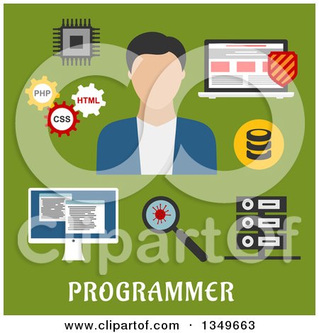 Clipart of a Flat Design Male Programmer a Laptop with Antivirus, Desktop Computer, Microchip, Data Base and Server, Virus, Magnifying Glass and Gears with Php, Css, Html - Royalty Free Vector Illustration by Vector Tradition SM