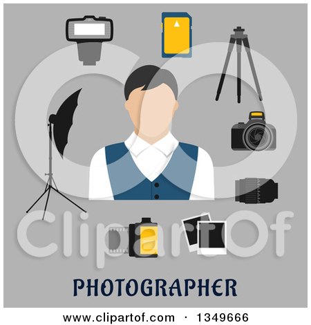 Clipart of a Flat Design Male Photographer Avatar with a Digital Camera, Lens, Tripod, Memory Card, Camera Film, Instant Films, Flash and Lightning Umbrella over Text on Gray - Royalty Free Vector Illustration by Vector Tradition SM