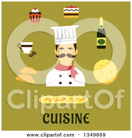 Clipart of a Flat Design French Chef with Food Icons over Text on Green - Royalty Free Vector Illustration by Vector Tradition SM