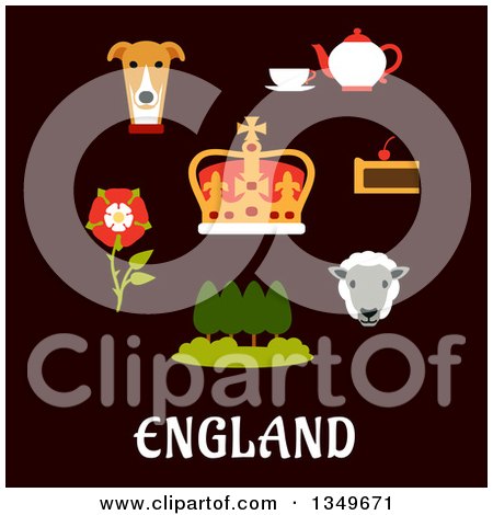 Clipart of a Flat Design English Heraldic Tudor Rose, Park Landscape, Royal Dog, Tea Set, Pie, Sheep and Emperor Crown over Text on Blue - Royalty Free Vector Illustration by Vector Tradition SM