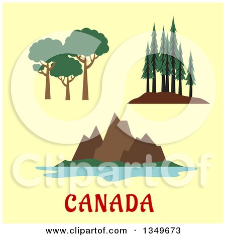 Clipart of Flat Design Canadian Nature and Landscape Scenes over Text on Yellow - Royalty Free Vector Illustration by Vector Tradition SM