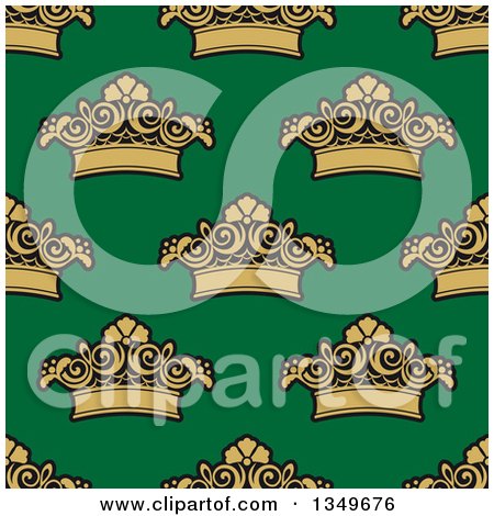 Clipart of a Seamless Pattern Background of Gold Crowns on Green - Royalty Free Vector Illustration by Vector Tradition SM