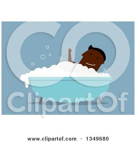 Clipart of a Flat Design Happy Black Man Waving and Taking a Bubble Bath over Blue - Royalty Free Vector Illustration by Vector Tradition SM