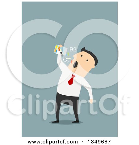 Clipart of a Flat Design White Businessman Taking Vitamins or Drugs, over Blue - Royalty Free Vector Illustration by Vector Tradition SM