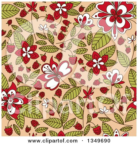 Clipart of a Seamless Background Pattern of Doodled Raspberry Blossoms, Plants and Berries over Tan - Royalty Free Vector Illustration by Vector Tradition SM