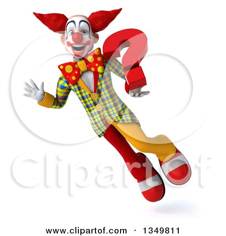 Clipart of a 3d Funky Clown Holding a Question Mark and Flying - Royalty Free Illustration by Julos