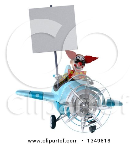 Clipart of a 3d Funky Clown Aviator Pilot Wearing Sunglasses, Holding a Blank Sign and Flying a Blue Airplane - Royalty Free Illustration by Julos