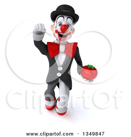 Clipart of a 3d White and Black Clown Holding a Tomato and Flying - Royalty Free Illustration by Julos