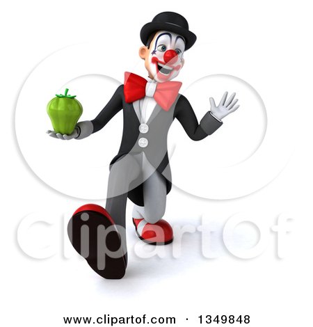 Clipart of a 3d White and Black Clown Holding a Green Bell Pepper, Walking and Waving - Royalty Free Illustration by Julos