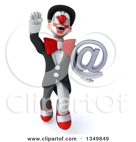 Clipart of a 3d White and Black Clown Holding an Email Arobase at Symbol and Flying - Royalty Free Illustration by Julos