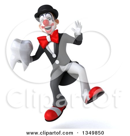 Clipart of a 3d White and Black Clown Jumping and Holding a Tooth - Royalty Free Illustration by Julos
