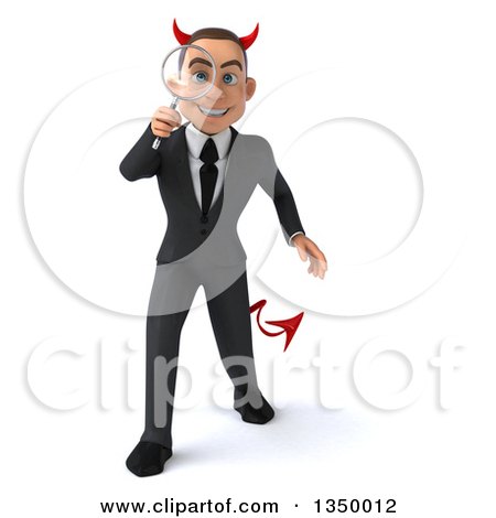 Clipart of a 3d Young White Devil Businessman Searching with a Magnifying Glass - Royalty Free Illustration by Julos
