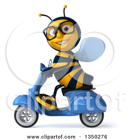Clipart of a 3d Bespectacled Male Bee Driving a Blue Scooter to the Left - Royalty Free Illustration by Julos