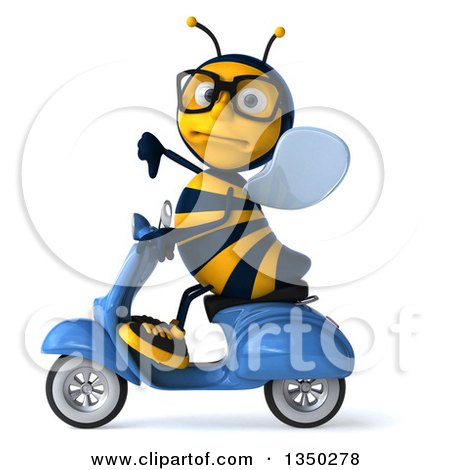 Clipart of a 3d Bespectacled Male Bee Giving a Thumb down and Driving a Blue Scooter to the Left - Royalty Free Illustration by Julos