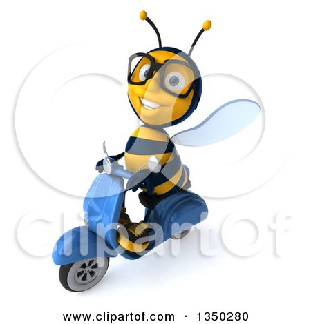 Clipart of a 3d Bespectacled Male Bee Driving a Blue Scooter to the Left - Royalty Free Illustration by Julos