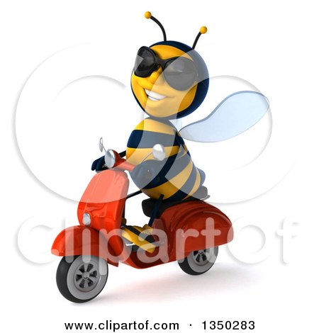 Clipart of a 3d Male Bee Wearing Sunglasses and Driving a Red Scooter to the Left - Royalty Free Illustration by Julos