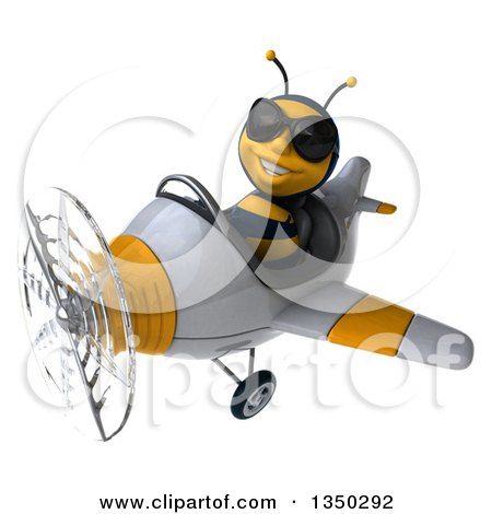 Clipart of a 3d Male Bee Aviator Pilot Wearing Sunglasses and Flying a White and Yellow Airplane to the Left - Royalty Free Illustration by Julos