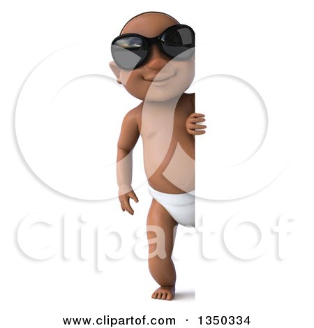 Clipart of a 3d Full Length Black Baby Boy Wearing Sunglasses and Looking Around a Sign - Royalty Free Illustration by Julos