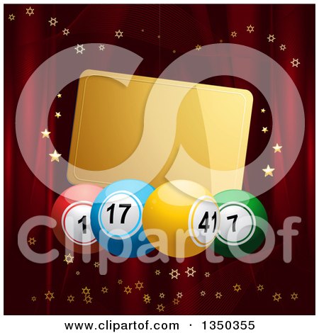 Clipart of 3d Colorful Bingo or Lottery Balls with a Blank Gold Tag over Red Curtains with Stars - Royalty Free Vector Illustration by elaineitalia