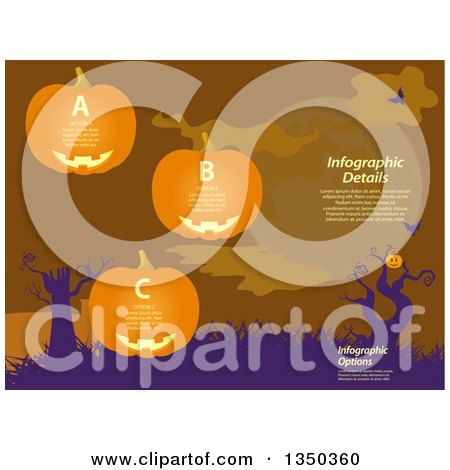 Clipart of a Halloween Infographic Background with Jackolantern Pumpkins, Bare Trees and Sample Text - Royalty Free Vector Illustration by elaineitalia