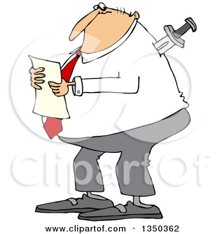 Clipart of a Cartoon Chubby Caucasian Businessman Reading a Document, with a Knife in His Back - Royalty Free Vector Illustration by djart