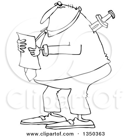 Outline Clipart of a Cartoon Black and White Chubby Businessman Reading a Document, with a Knife in His Back - Royalty Free Lineart Vector Illustration by djart