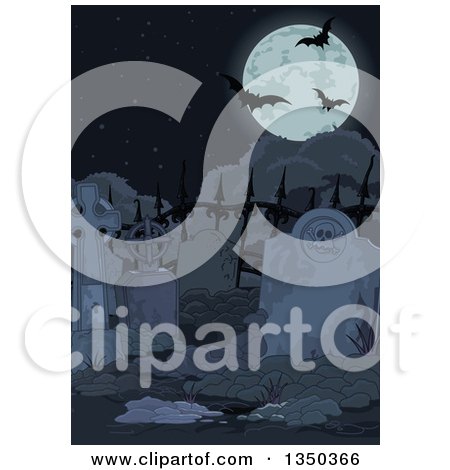 Clipart of a Spooky Halloween Cemetery with Headstones, Iron Fencing, Vampire Bats and a Full Moon at Night - Royalty Free Vector Illustration by Pushkin