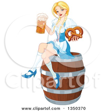 Clipart of a Happy Blond Oktoberfest Beer Maiden Holding a Mug and Soft Pretzel and Sitting on a Keg - Royalty Free Vector Illustration by Pushkin