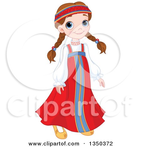 Clipart of a Cute Brunette Russian Girl in Traditional Dress - Royalty Free Vector Illustration by Pushkin