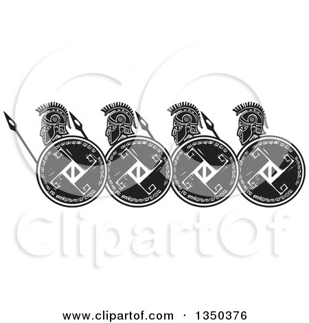 Clipart of a Black and White Woodcut Group of Hoplight Grecian Spartan Soldiers in Profile - Royalty Free Vector Illustration by xunantunich