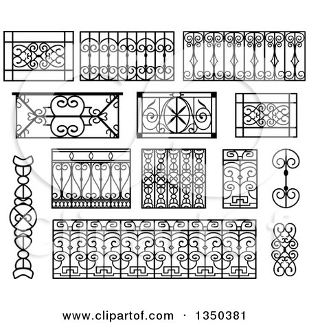 Clipart of Black and White Wrought Iron Balcony Elements - Royalty Free Vector Illustration by Frisko