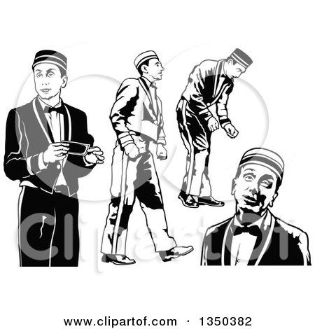 Clipart of Black and White Bellboy or Bellhop Hotel Worker Men - Royalty Free Vector Illustration by dero