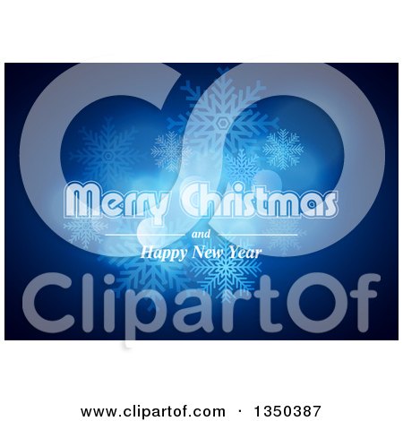 Clipart of a Merry Christmas and Happy New Year Greeting with Snowflakes and Flares on Blue - Royalty Free Vector Illustration by dero