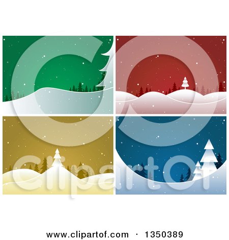 Clipart of Green, Red, Yellow and Blue Christmas Backgrounds of Trees and Snow - Royalty Free Vector Illustration by dero