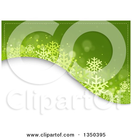 Clipart of a Green Blue Christmas Background of Snowflakes and Flares over a White Hill - Royalty Free Vector Illustration by dero