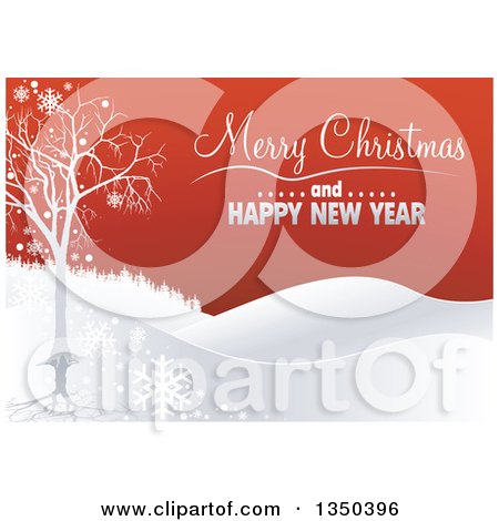 Clipart of a Merry Christmas and Happy New Year Greeting with a Bare Tree, Snowflakes and Hills on Red - Royalty Free Vector Illustration by dero
