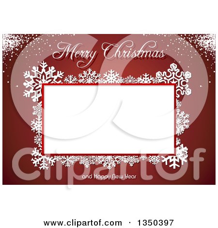 Clipart of a Merry Christmas and Happy New Year Greeting with Snowflakes Around a Frame on Red - Royalty Free Vector Illustration by dero