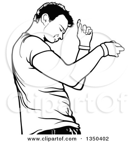 Clipart of a Black and White Dancing Young Man in Profile - Royalty Free Vector Illustration by dero