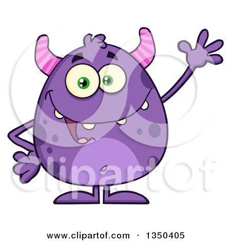 Clipart of a Cartoon Happy Purple Horned Monster Waving - Royalty Free Vector Illustration by Hit Toon