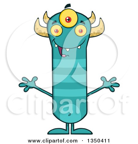 Clipart of a Turquoise, Three Eyed, Horned and Striped Welcoming Happy Monster - Royalty Free Vector Illustration by Hit Toon