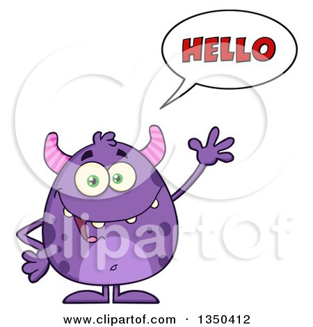 Clipart of a Cartoon Happy Purple Horned Monster Saying Hello and Waving - Royalty Free Vector Illustration by Hit Toon