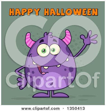 Clipart of a Cartoon Happy Purple Horned Monster Waving Under Happy Halloween Text on Green - Royalty Free Vector Illustration by Hit Toon