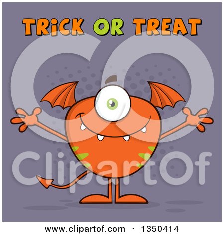 Clipart of a Bat Winged, Fork Tailed Orange Monster with Open Arms with Trick or Treat Text over Purple - Royalty Free Vector Illustration by Hit Toon