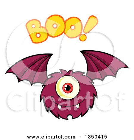 Clipart of a Furry Bat Winged Purple Cyclops Monster Flying with Boo Text - Royalty Free Vector Illustration by Hit Toon