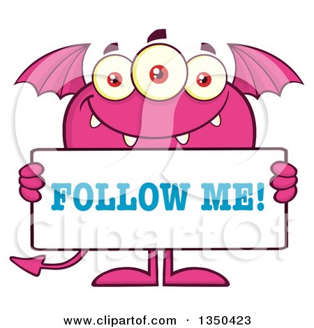 Clipart of a Pink Bat Winged, Fork Tailed Monster Holding a Follow Me Sign - Royalty Free Vector Illustration by Hit Toon