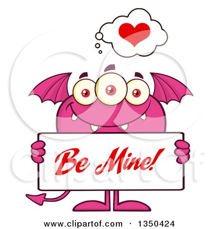 Clipart of a Pink Bat Winged, Fork Tailed Monster Holding a Be Mine Valentine Sign - Royalty Free Vector Illustration by Hit Toon