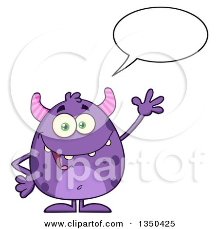 Clipart of a Cartoon Happy Purple Horned Monster Talking and Waving - Royalty Free Vector Illustration by Hit Toon