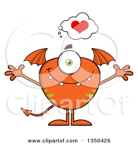 Clipart of a Loving Bat Winged, Fork Tailed Orange Monster with Open Arms - Royalty Free Vector Illustration by Hit Toon