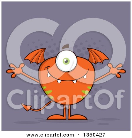 Clipart of a Bat Winged, Fork Tailed Orange Monster with Open Arms over Purple - Royalty Free Vector Illustration by Hit Toon