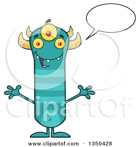 Clipart of a Talking Turquoise, Three Eyed, Horned and Striped Welcoming Happy Monster - Royalty Free Vector Illustration by Hit Toon